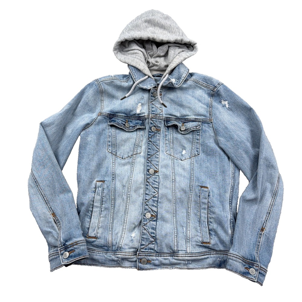 Hollister Denim Trucker Jacket Men Large Blue Jean Med Wash Hooded Epic Flex